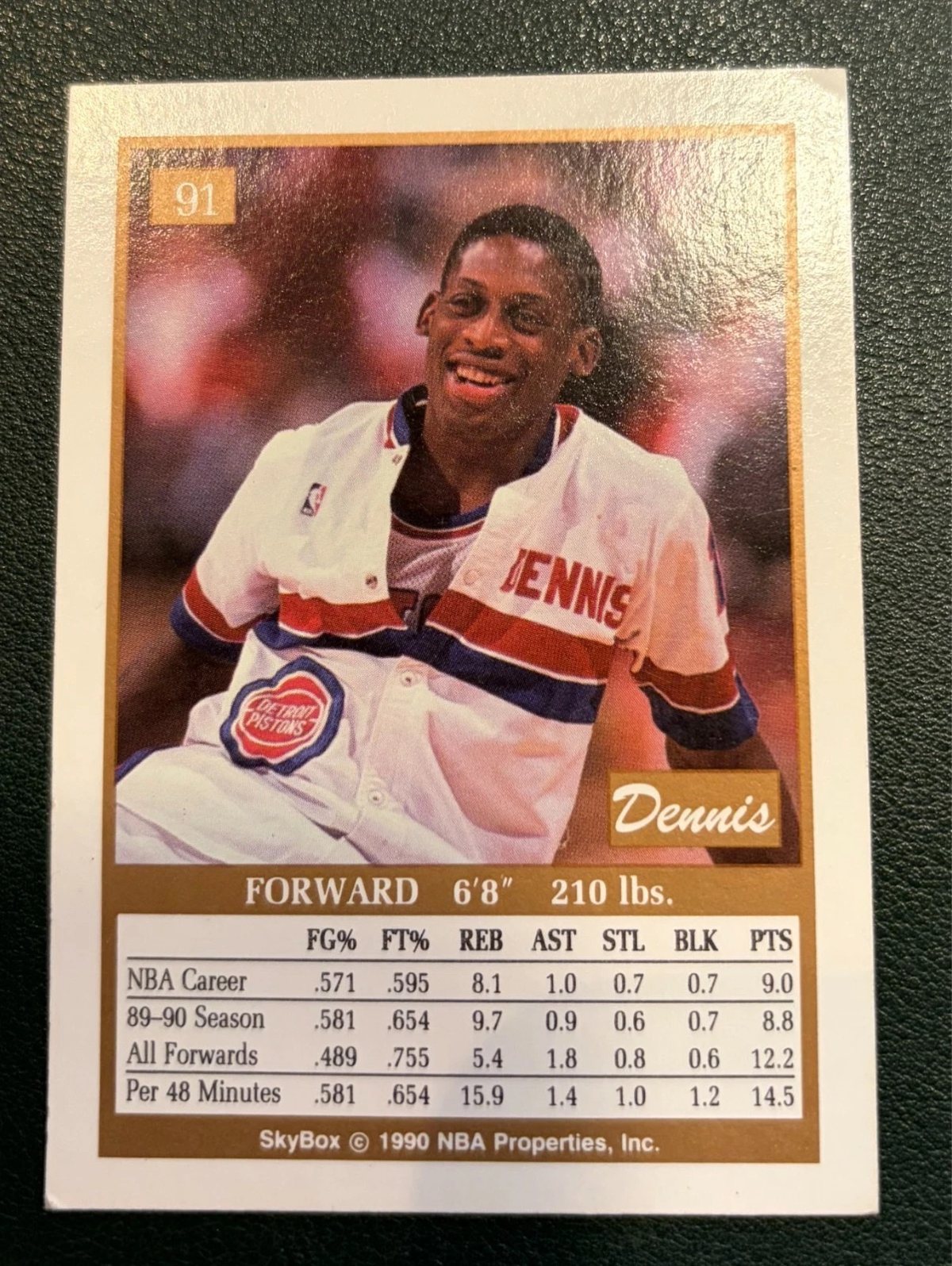 Framed Dennis Rodman SkyBox card back with career stats