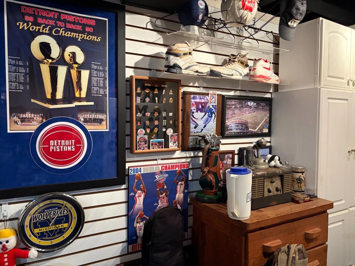 Slabs 23 display wall with Detroit Pistons memorabilia