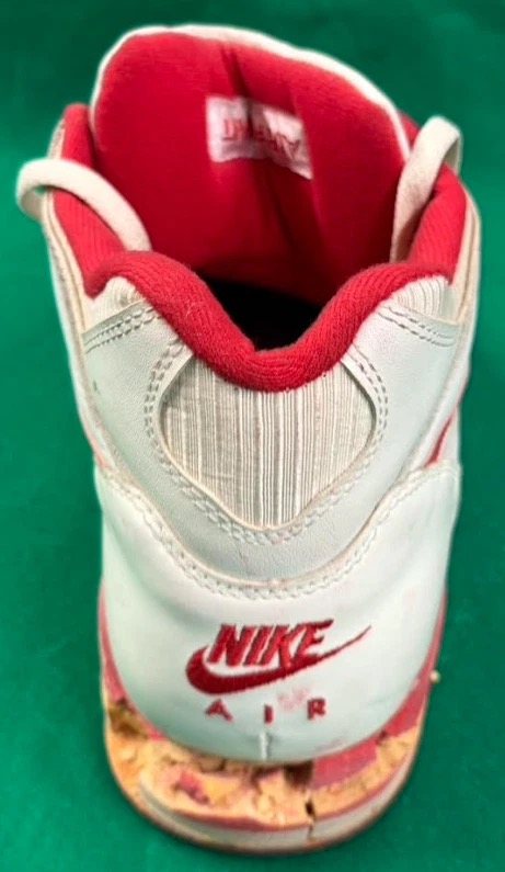 Back of the sneaker with the Nike Air heel logo and worn midsole