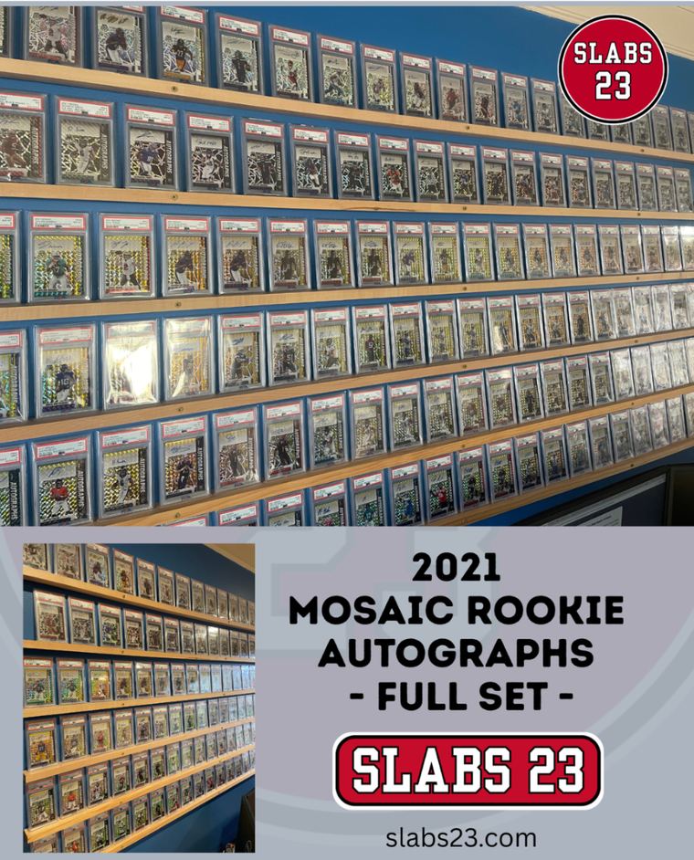 The full 98-card display wall of the 2021 Mosaic Rookie Autograph set, all PSA graded slabs mounted in rows, with a Slabs 23 full-set promo graphic