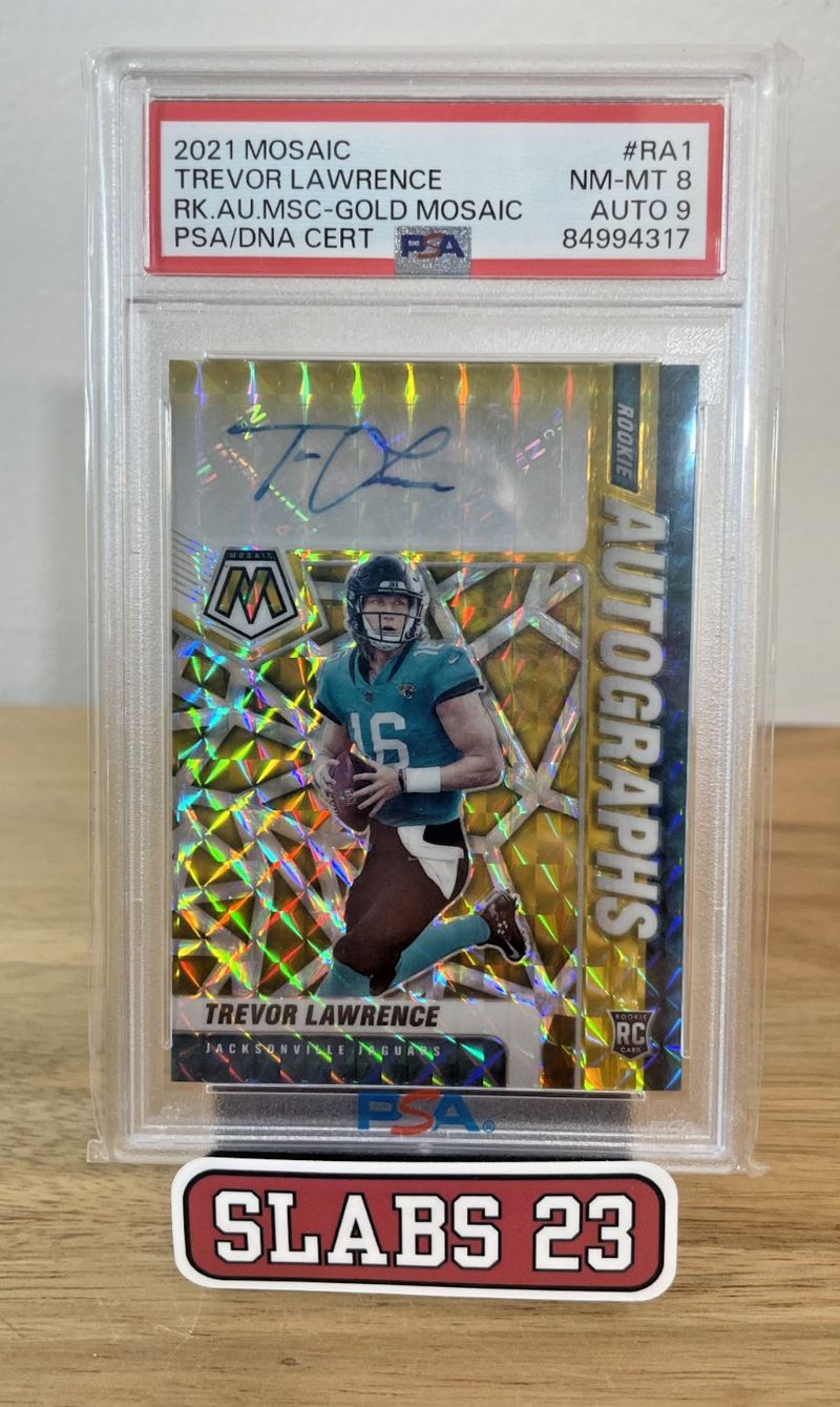 Trevor Lawrence 2021 Mosaic autographed rookie card RA-1, Gold Mosaic numbered to 10, PSA 8 with PSA/DNA Auto 9
