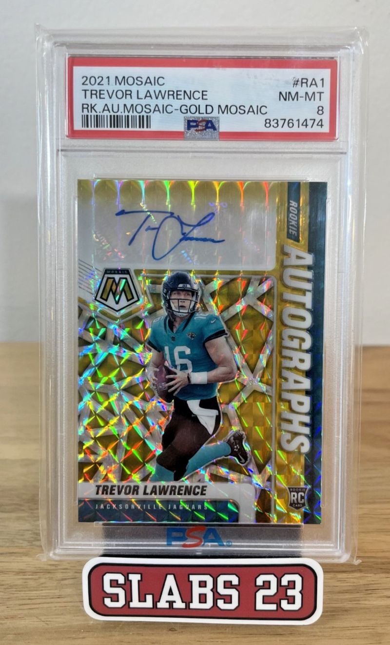 Trevor Lawrence 2021 Mosaic autographed rookie card RA-1, Gold Mosaic numbered to 10, PSA 8